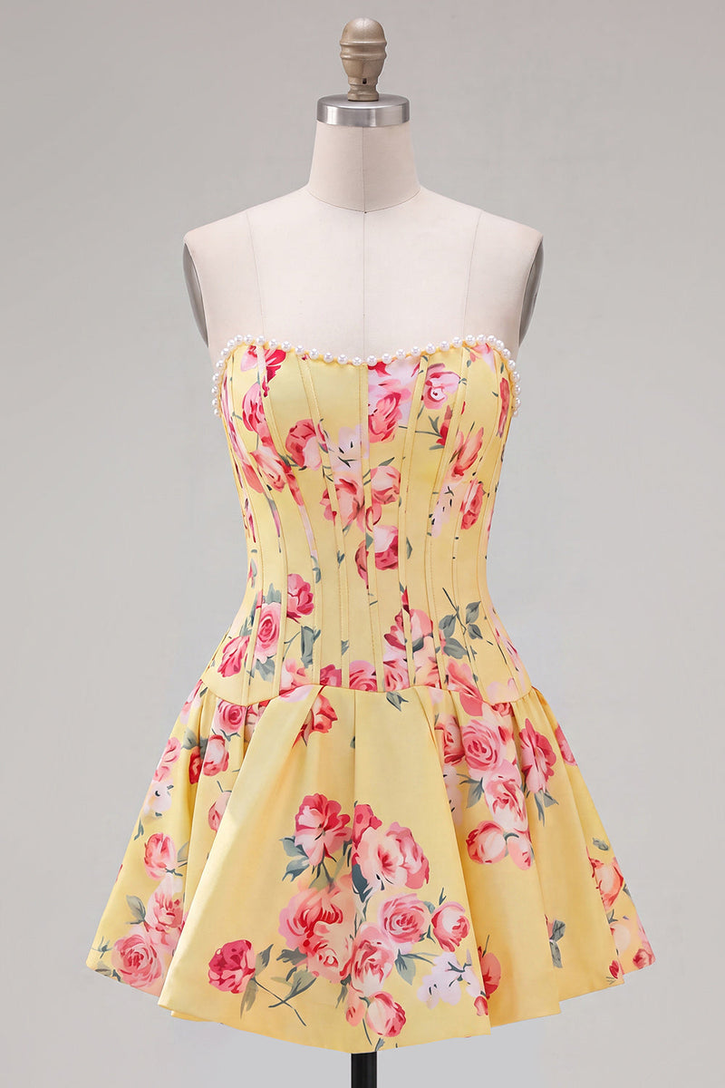 Load image into Gallery viewer, Floral Yellow Satin Strapless A-Line Short Corset Cocktail Dress