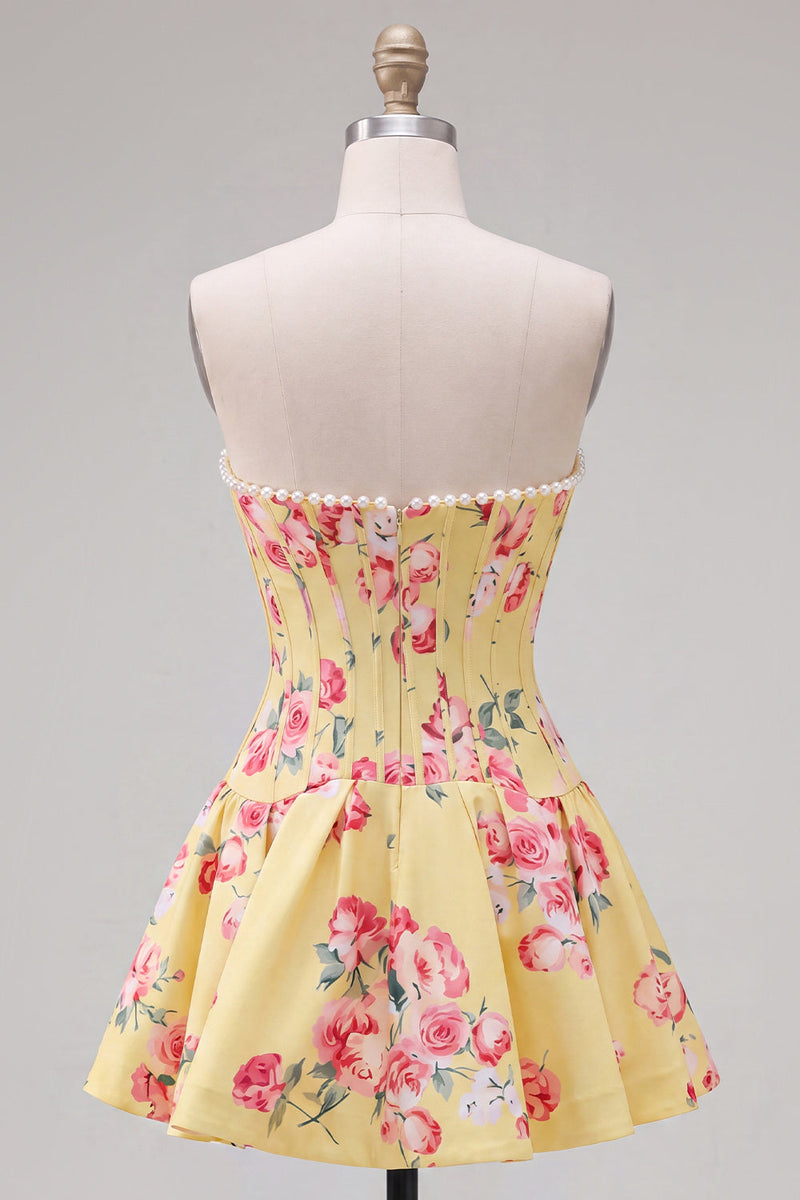 Load image into Gallery viewer, Floral Yellow Satin Strapless A-Line Short Corset Cocktail Dress