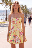 Load image into Gallery viewer, Floral Yellow Satin Strapless A-Line Short Corset Cocktail Dress
