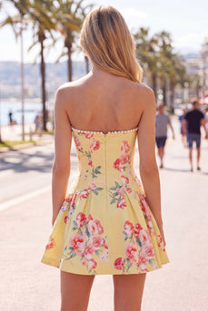 Floral Yellow Satin Strapless A-Line Short Corset Cocktail Dress