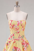 Load image into Gallery viewer, Floral Yellow Satin Strapless A-Line Short Corset Cocktail Dress