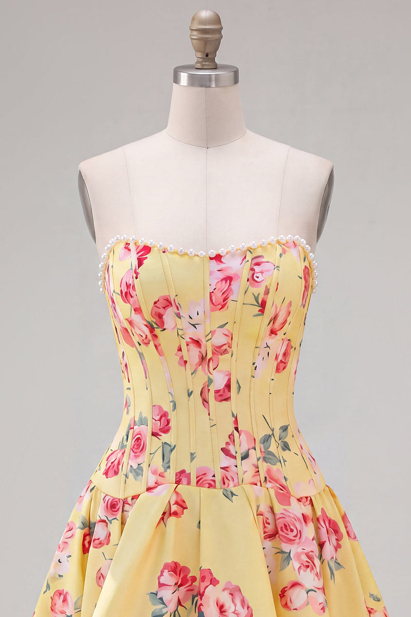 Load image into Gallery viewer, Floral Yellow Satin Strapless A-Line Short Corset Cocktail Dress