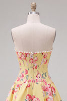 Load image into Gallery viewer, Floral Yellow Satin Strapless A-Line Short Corset Cocktail Dress