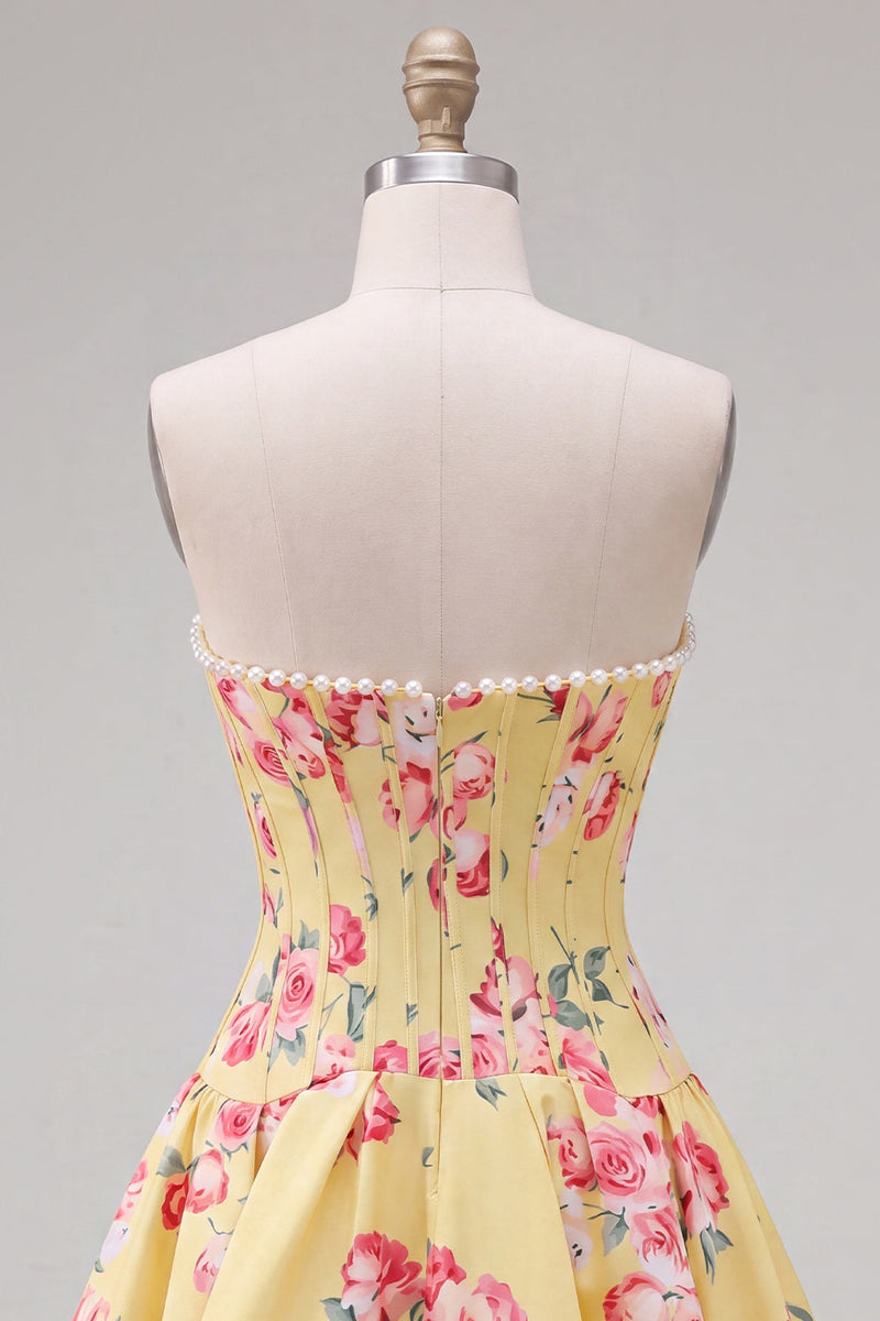 Load image into Gallery viewer, Floral Yellow Satin Strapless A-Line Short Corset Cocktail Dress