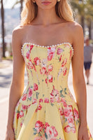 Load image into Gallery viewer, Floral Yellow Satin Strapless A-Line Short Corset Cocktail Dress