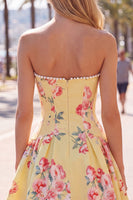 Load image into Gallery viewer, Floral Yellow Satin Strapless A-Line Short Corset Cocktail Dress