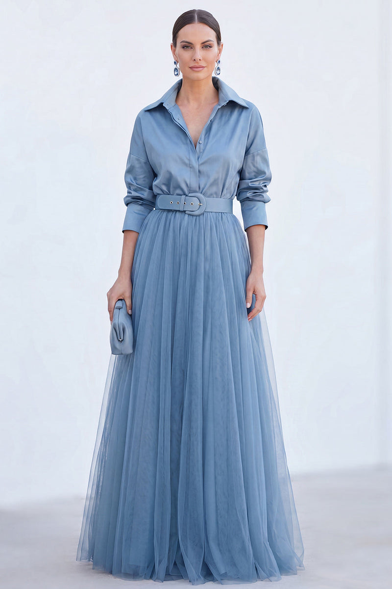 Load image into Gallery viewer, Navy A Line Tulle Long Sleeves Mother of the Bride Dress with Belt
