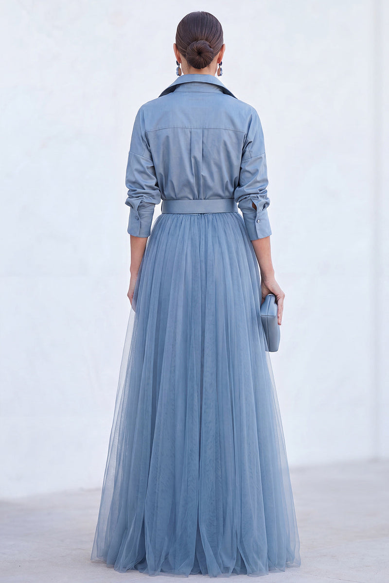 Load image into Gallery viewer, Navy A Line Tulle Long Sleeves Mother of the Bride Dress with Belt