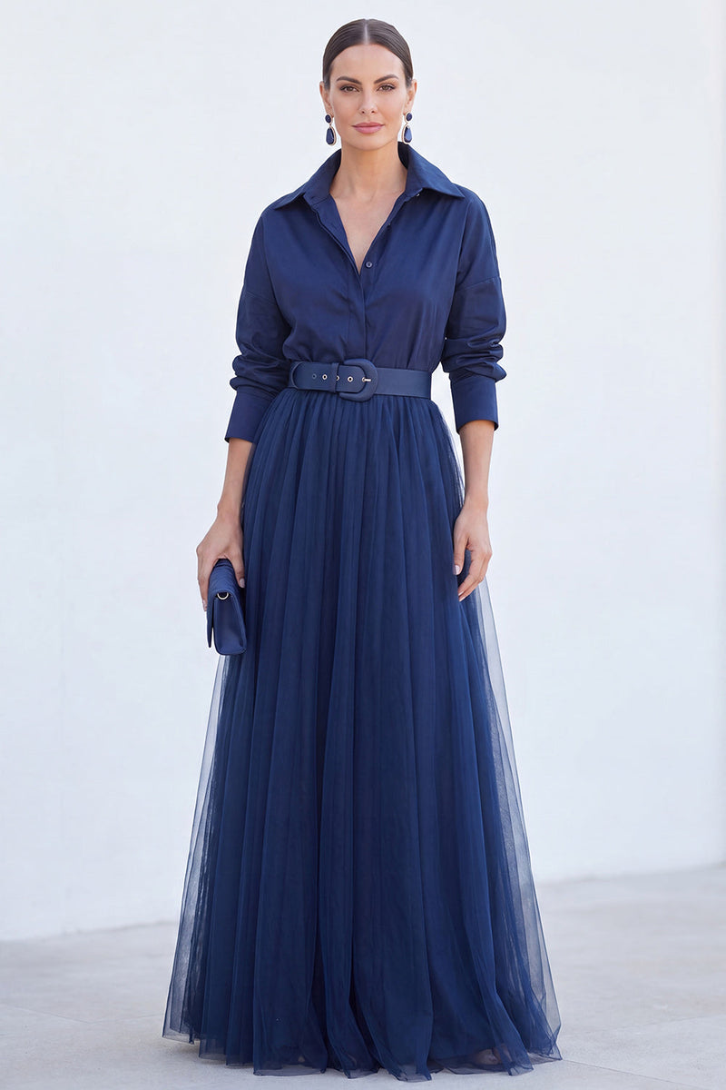 Load image into Gallery viewer, Navy A Line Tulle Long Sleeves Mother of the Bride Dress with Belt