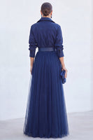 Load image into Gallery viewer, Navy A Line Tulle Long Sleeves Mother of the Bride Dress with Belt