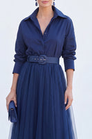 Load image into Gallery viewer, Navy A Line Tulle Long Sleeves Mother of the Bride Dress with Belt