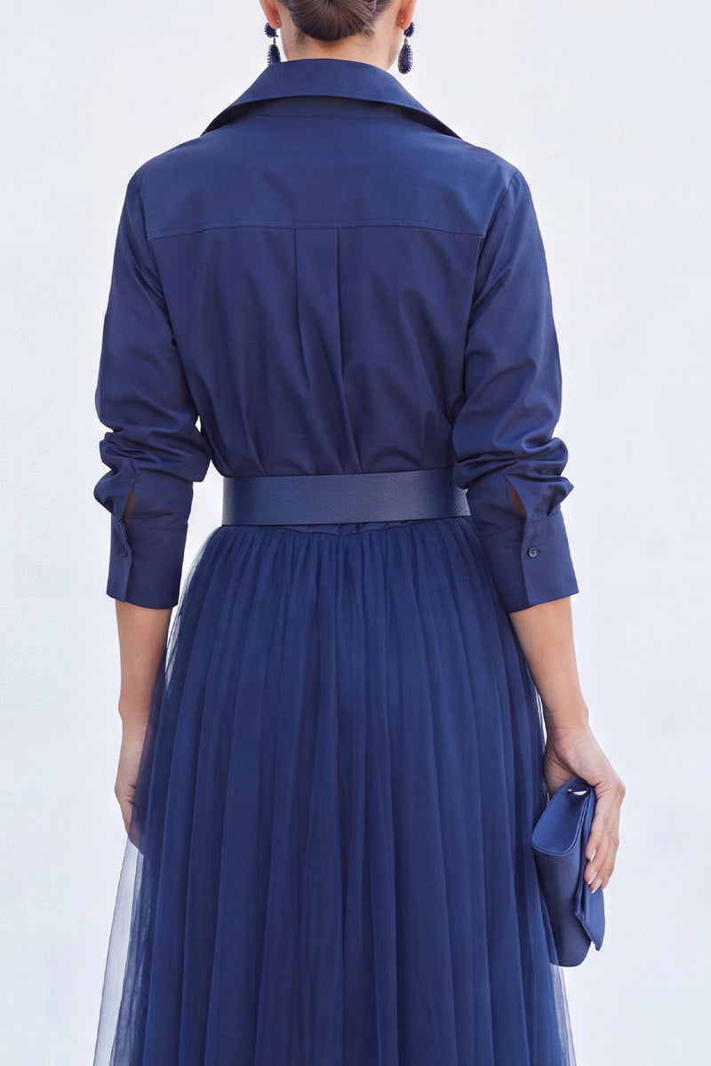 Load image into Gallery viewer, Navy A Line Tulle Long Sleeves Mother of the Bride Dress with Belt