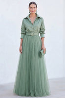 Load image into Gallery viewer, Navy A Line Tulle Long Sleeves Mother of the Bride Dress with Belt