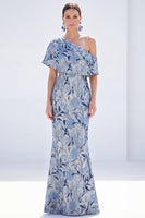 Load image into Gallery viewer, Grey Blue Floral Mermaid One Shoulder Long Mother of the Bride Dress