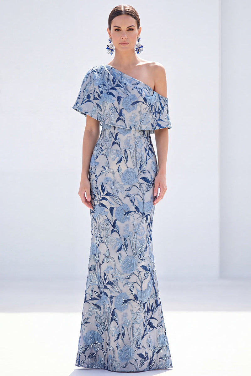 Load image into Gallery viewer, Grey Blue Floral Mermaid One Shoulder Long Mother of the Bride Dress