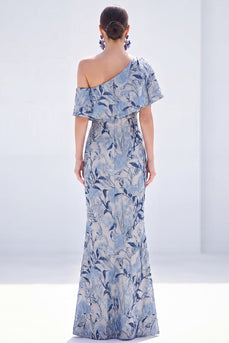Grey Blue Floral Mermaid One Shoulder Long Mother of the Bride Dress