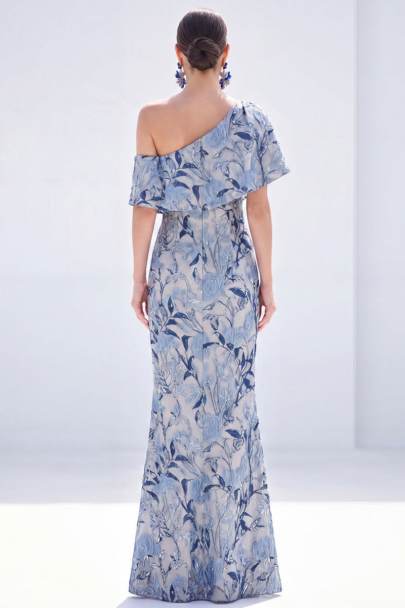 Load image into Gallery viewer, Grey Blue Floral Mermaid One Shoulder Long Mother of the Bride Dress