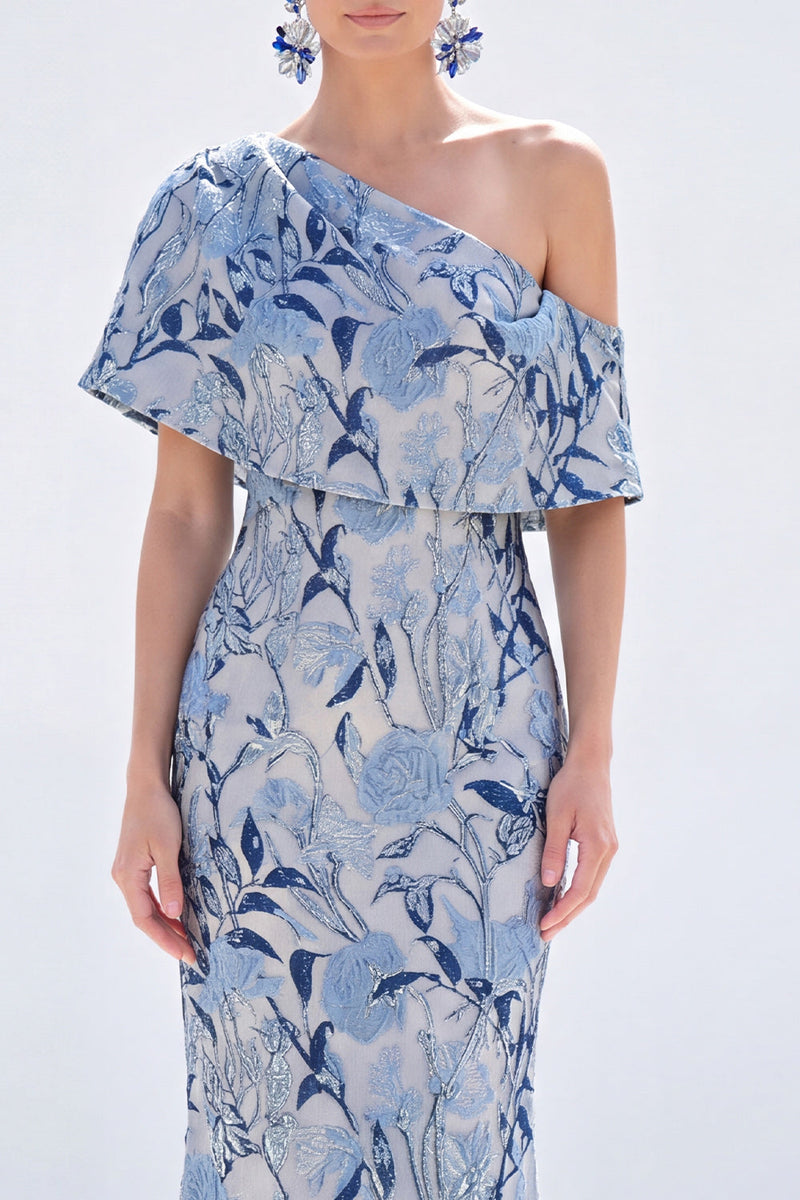 Load image into Gallery viewer, Grey Blue Floral Mermaid One Shoulder Long Mother of the Bride Dress