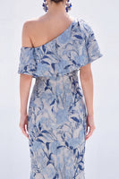 Load image into Gallery viewer, Grey Blue Floral Mermaid One Shoulder Long Mother of the Bride Dress