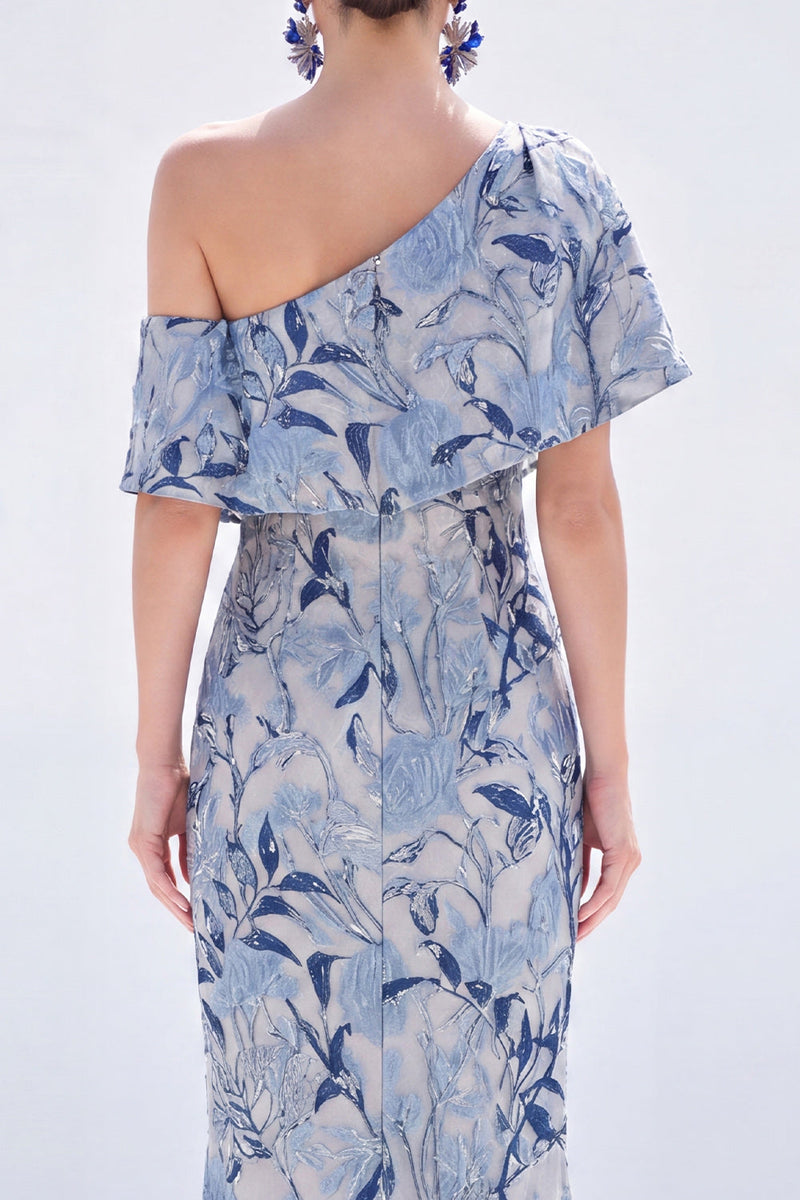 Load image into Gallery viewer, Grey Blue Floral Mermaid One Shoulder Long Mother of the Bride Dress