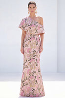 Load image into Gallery viewer, Grey Blue Floral Mermaid One Shoulder Long Mother of the Bride Dress