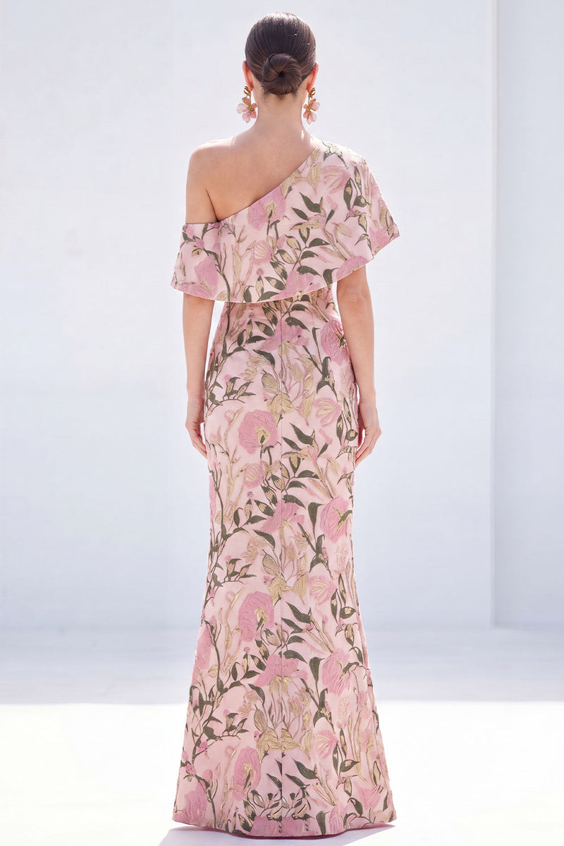 Load image into Gallery viewer, Grey Blue Floral Mermaid One Shoulder Long Mother of the Bride Dress