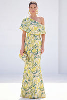 Load image into Gallery viewer, Grey Blue Floral Mermaid One Shoulder Long Mother of the Bride Dress