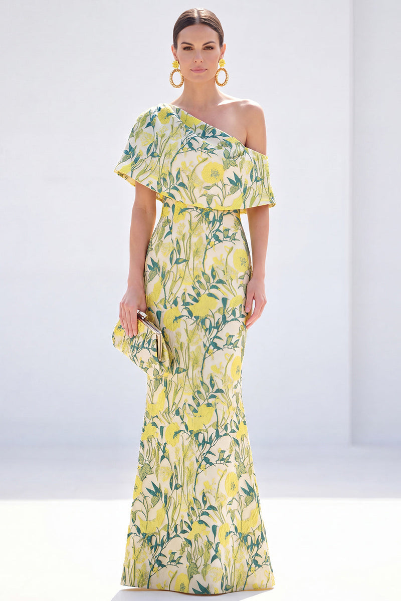Load image into Gallery viewer, Grey Blue Floral Mermaid One Shoulder Long Mother of the Bride Dress