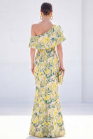 Load image into Gallery viewer, Grey Blue Floral Mermaid One Shoulder Long Mother of the Bride Dress