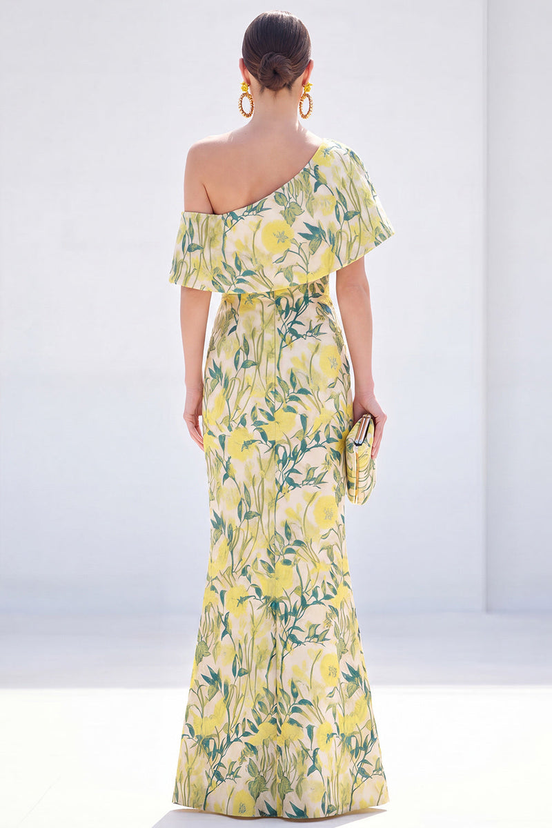 Load image into Gallery viewer, Grey Blue Floral Mermaid One Shoulder Long Mother of the Bride Dress