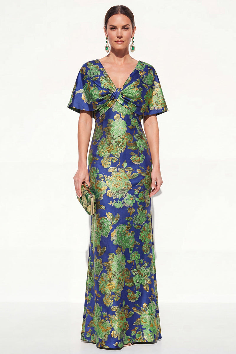 Load image into Gallery viewer, Navy Green Floral V-Neck Long Mother of the Bride Dress with Sleeves