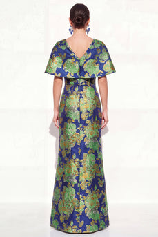 Navy Green Floral V-Neck Long Mother of the Bride Dress with Sleeves