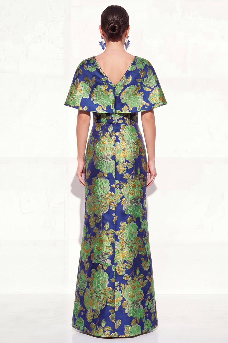 Load image into Gallery viewer, Navy Green Floral V-Neck Long Mother of the Bride Dress with Sleeves
