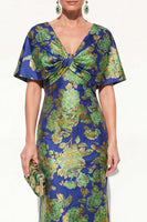 Load image into Gallery viewer, Navy Green Floral V-Neck Long Mother of the Bride Dress with Sleeves