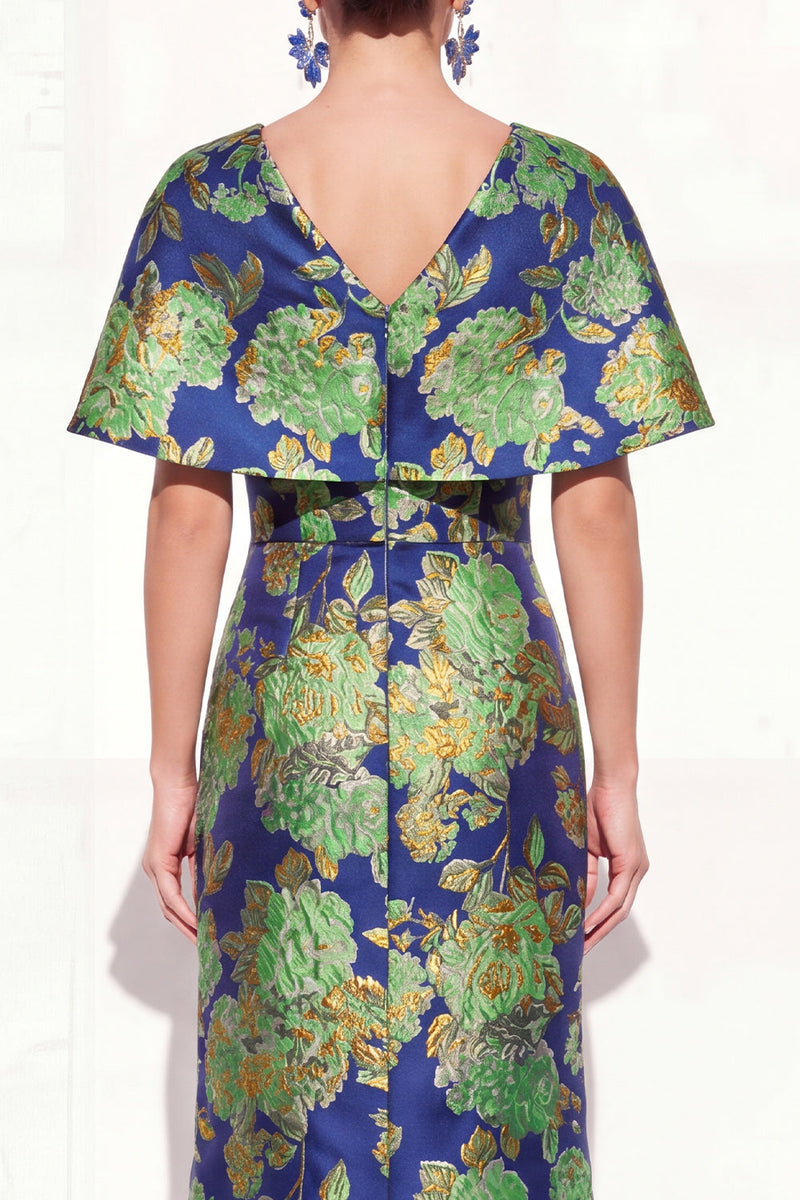 Load image into Gallery viewer, Navy Green Floral V-Neck Long Mother of the Bride Dress with Sleeves
