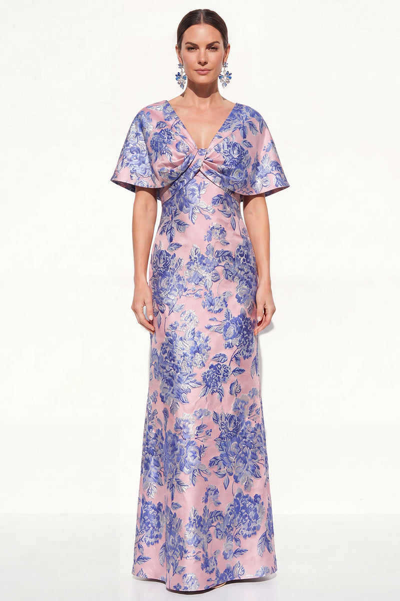 Load image into Gallery viewer, Navy Green Floral V-Neck Long Mother of the Bride Dress with Sleeves