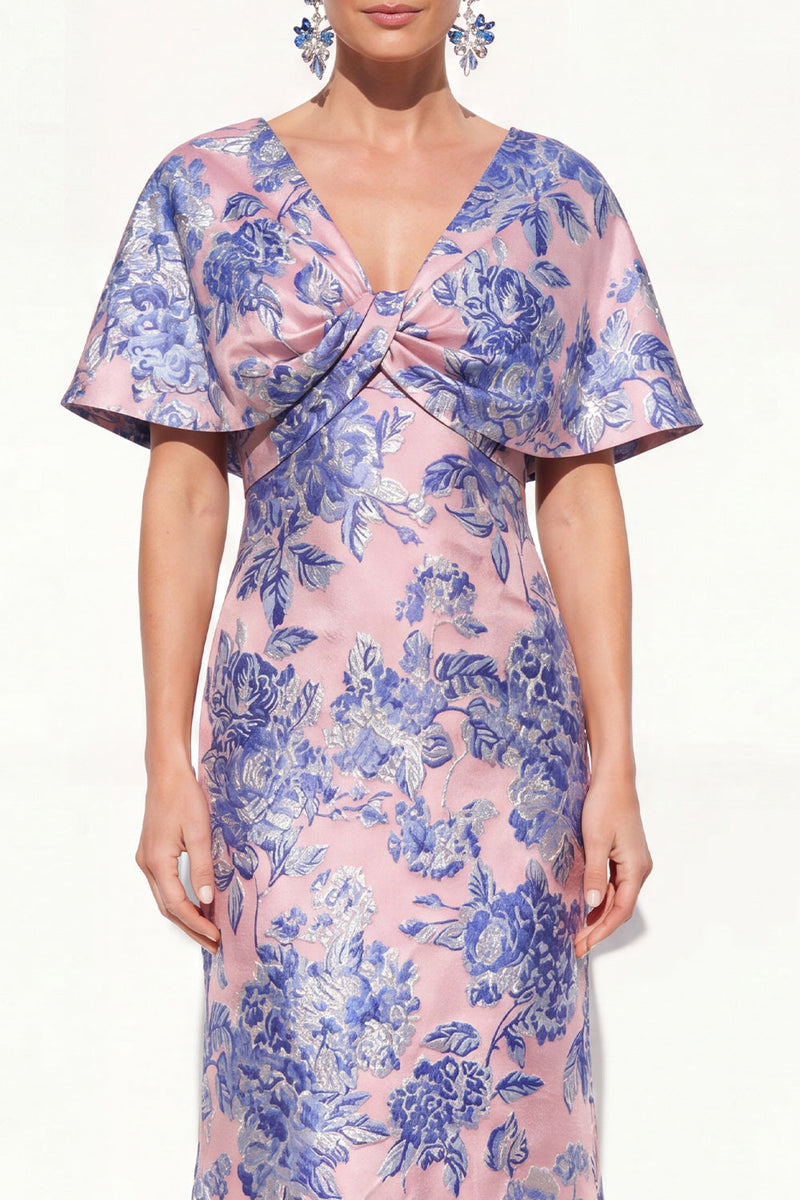 Load image into Gallery viewer, Navy Green Floral V-Neck Long Mother of the Bride Dress with Sleeves