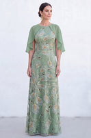 Load image into Gallery viewer, Sparkly Navy Gold Round Neck Floral Long Mother of the Bride Dress with Cape