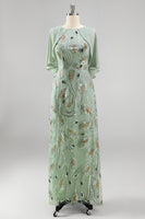Load image into Gallery viewer, Sparkly Navy Gold Round Neck Floral Long Mother of the Bride Dress with Cape