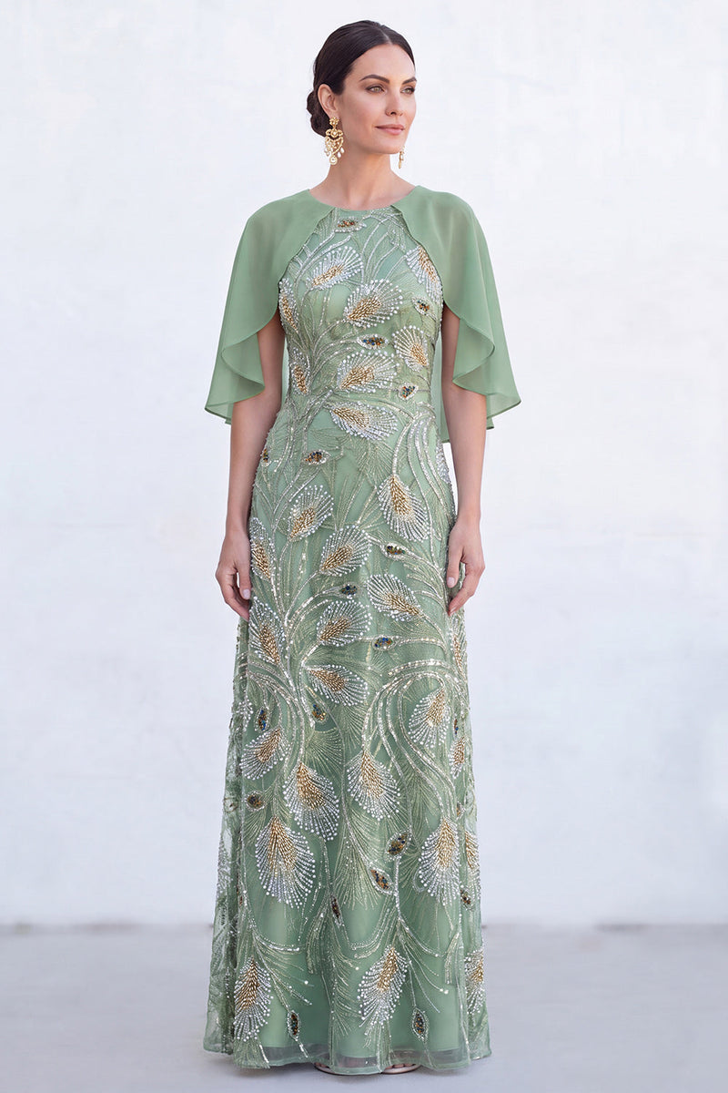 Load image into Gallery viewer, Sparkly Navy Gold Round Neck Floral Long Mother of the Bride Dress with Cape