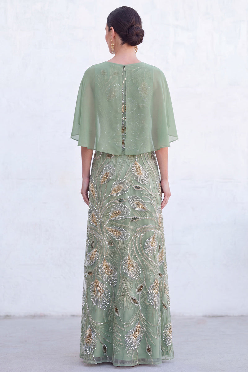Load image into Gallery viewer, Sparkly Navy Gold Round Neck Floral Long Mother of the Bride Dress with Cape