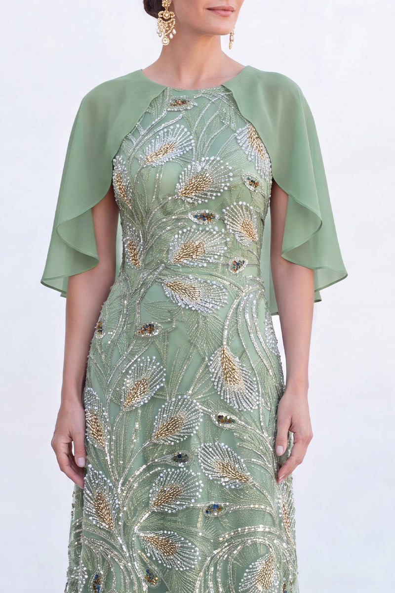 Load image into Gallery viewer, Sparkly Navy Gold Round Neck Floral Long Mother of the Bride Dress with Cape