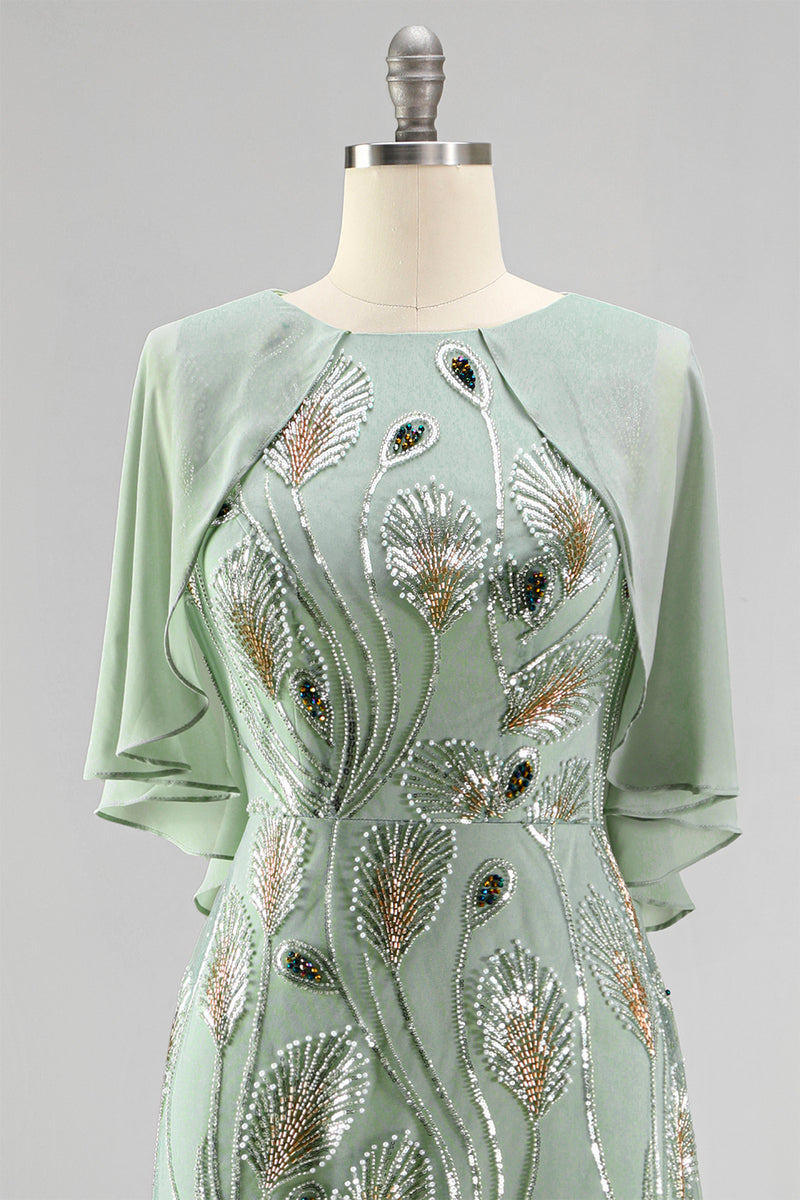 Load image into Gallery viewer, Sparkly Navy Gold Round Neck Floral Long Mother of the Bride Dress with Cape