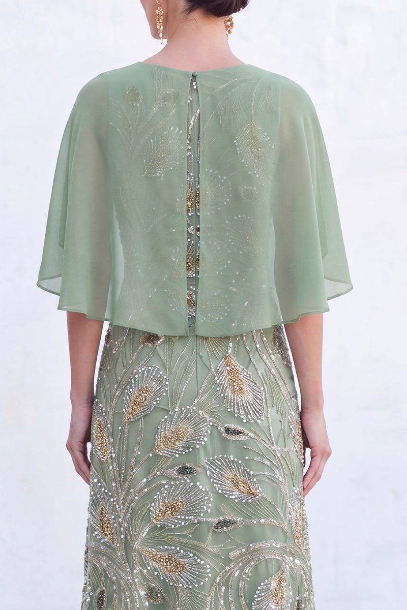 Load image into Gallery viewer, Sparkly Navy Gold Round Neck Floral Long Mother of the Bride Dress with Cape