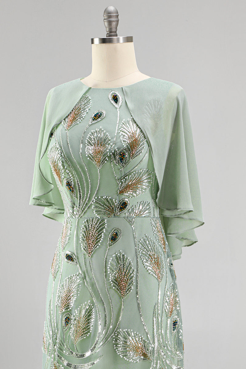 Load image into Gallery viewer, Sparkly Navy Gold Round Neck Floral Long Mother of the Bride Dress with Cape