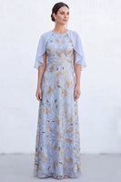 Load image into Gallery viewer, Sparkly Navy Gold Round Neck Floral Long Mother of the Bride Dress with Cape