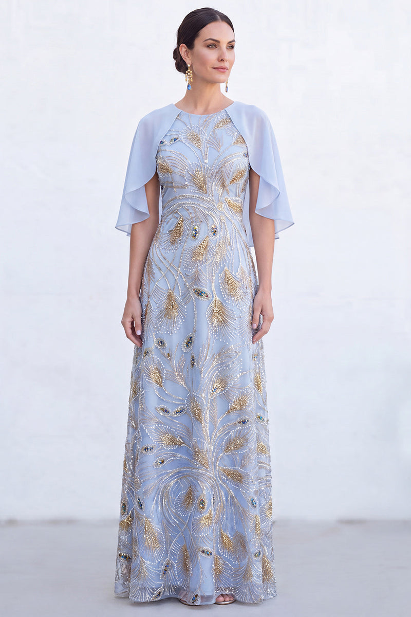 Load image into Gallery viewer, Sparkly Navy Gold Round Neck Floral Long Mother of the Bride Dress with Cape