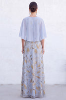 Load image into Gallery viewer, Sparkly Navy Gold Round Neck Floral Long Mother of the Bride Dress with Cape