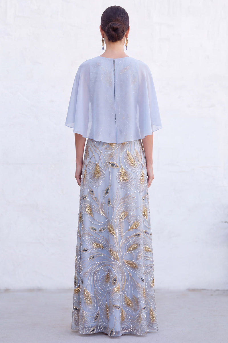 Load image into Gallery viewer, Sparkly Navy Gold Round Neck Floral Long Mother of the Bride Dress with Cape
