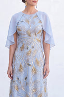 Load image into Gallery viewer, Sparkly Navy Gold Round Neck Floral Long Mother of the Bride Dress with Cape